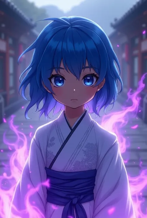  Young girl with blue hair, blue eyes, with black skin, Jinja outfit , Purple fire 