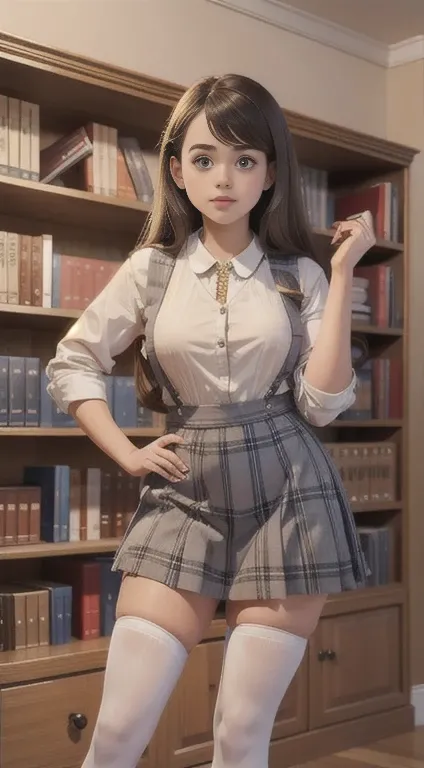 cute  teen  curvy beautiful schoolgirl,  beautiful cute teen face,    plaid pleated pinafore dress, trsnsparent whote blouse, brunet long hair, beautiful eyes. stockings,  white sneakers, schoolgirl teenager stands in library, photorealisti