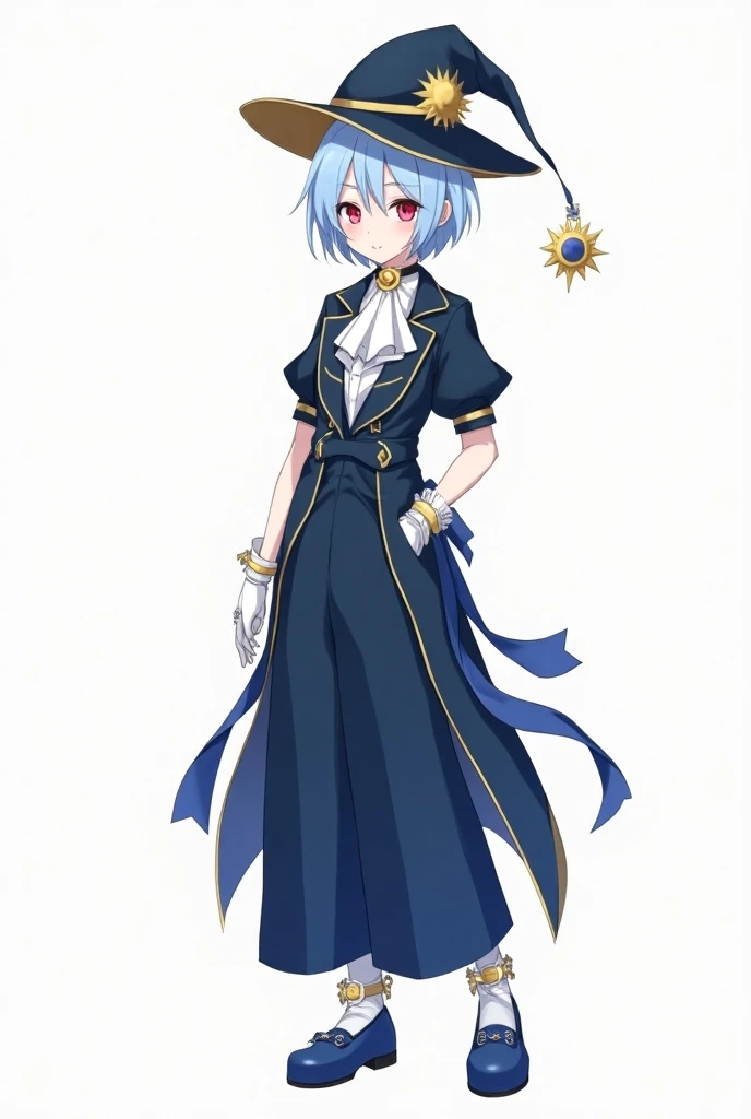 A quiet anime young man in high school with sharp pink and red eyes represents short light blue hair , Fair skin and wearing all the fantasy blue, yellow and white clothes are the luxury of Idol, which consists of a long waist tuxedo jacket with short slee...