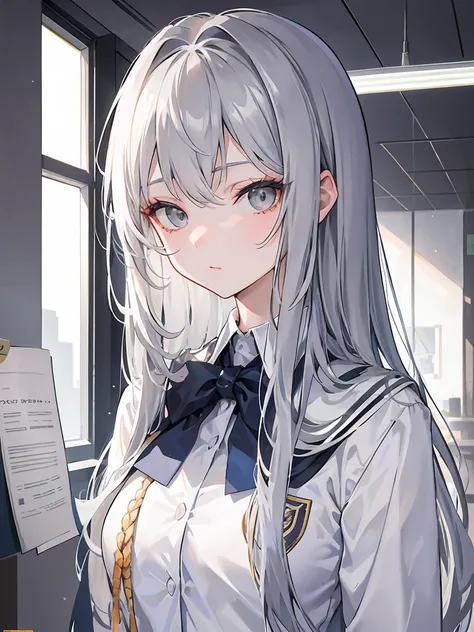 152cm,18 years old, silver medium long straight hair,Grey Eyes, beautiful girl,whole body,School uniform,Studying,Anatomically correct ,   ATTENTION TO DETAILS ,Super detailed,Ultra-high resolution,  textured skin