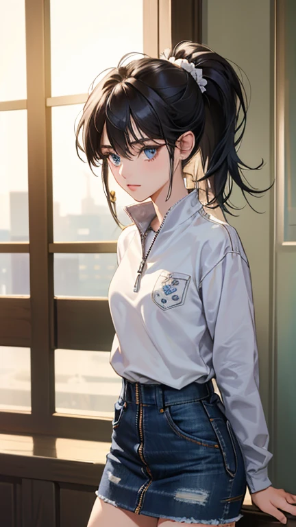 masterpiece,Best Quality,Ultra-detailed,Complex,Detailed face,Detailed eyes, beautiful eyes, 1 girl, cowboy shot,beautiful woman of 20 years old、Black Hair, medium bob hair、(Knee ,Denim skirt，Zip Up， ponytail，),standing,front,(bloom,  depth of field:1.2)