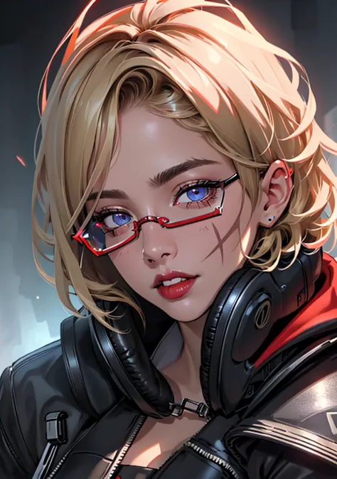 Ultra detail,  high resolution , Ultra detailed,  The best quality , amazing, top quality,  extremely detailed CG 8k unit wallpaper,  cinematic lighting , cyberpunk, dark boy, round glasses, 1 girl, blonde,  big breasts, hood that covers the head ,  scar o...