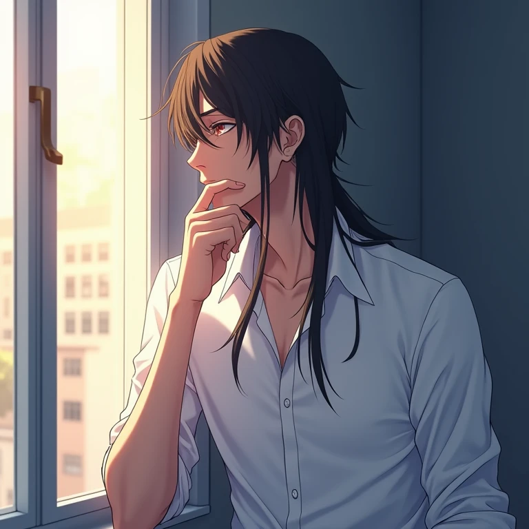 anime man with long hair and white shirt looking out of window, anime handsome man, anime portrait of a handsome man, anime postelm still portrait, smooth anime cg art, anime. soft lighting, makoto shinkai. digital render, young anime man, male anime chara...