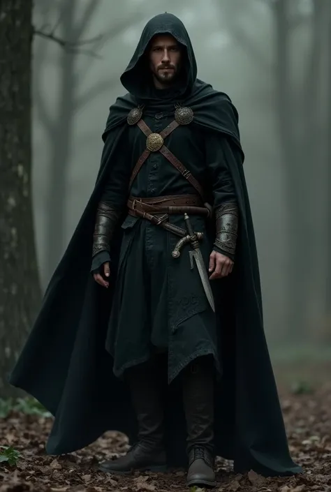 Full body realistic, Aryan is a handsome young man with a thin beard, mysterious and strong, who is experienced in ancient science and the fight against supernatural powers. He wears a black cloak made of thick fabric to protect him from invisible dangers....