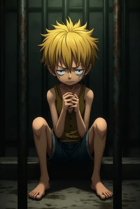 Anime,one piece,sanji,,boy,little,sitting in jail,crying,one eye cover with hair
