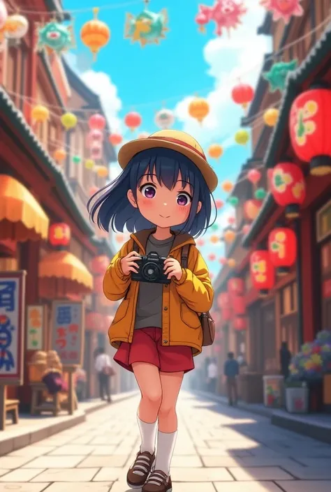 Make ai animated teenager girl character walking in the city of Japan and click the photos of festival and behind the beautiful lights