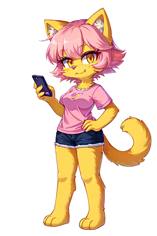 a cartoon cat with a pink shirt and a pink bow holding a cell phone, female fursona, as if lisa simpson came to life, catgirl, female furry mini cute style, attractive cat girl, anthro cat, anthropomorphic female cat, beautiful young catgirl, anime catgirl...