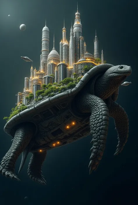 A city in the shell of a turtle in space 