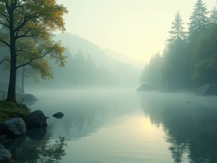 Beautiful view by the forest lake morning fog