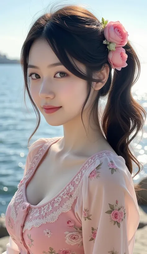  1 Nogizaka Girl 、 Very cute、 beautiful girl 、19 years old、(Gothic fashion)、 Beautiful Face ,  Fine Details of Eyes and Skin 、 Dark Shiny Hair 、 Elegant Ruffles 、荷叶边tie、tie、Rose Hair Accessory 、(Smiling at the camera)、(Cowboy shooting)、(European Sea)、Profe...