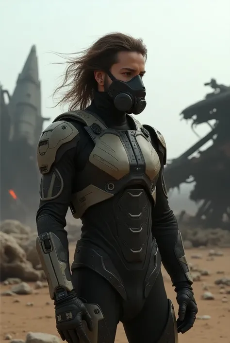 A soldier wearing a futuristic war suit. His is also wearing a air purifier mask. His name JACK MILES is written on in his chest. His hairs are waving in the wind. There are devastated spaceships in the background. 