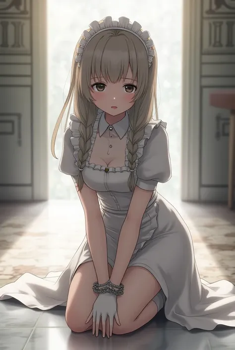 anime maid， White Long Gloves ， Bound with her hands locked in a chain， kneel on the ground 