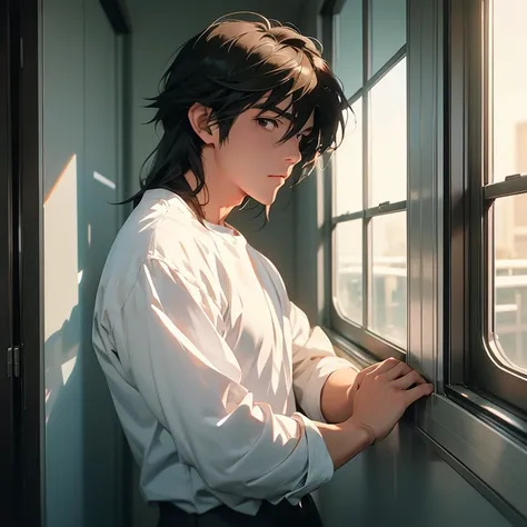 anime man with long hair and white shirt looking out of window, anime handsome man, anime portrait of a handsome man, anime postelm still portrait, smooth anime cg art, anime. soft lighting, makoto shinkai. digital render, young anime man, male anime chara...