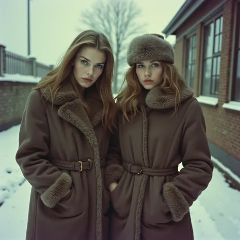 Soviet girls hookers in fur coats in the yard in the winter of the USSR stand sad next to the stall shop with audio cassettes they have bags in their hands fujufilm 35 mn film film noise flashing cameras polaroid photo frame