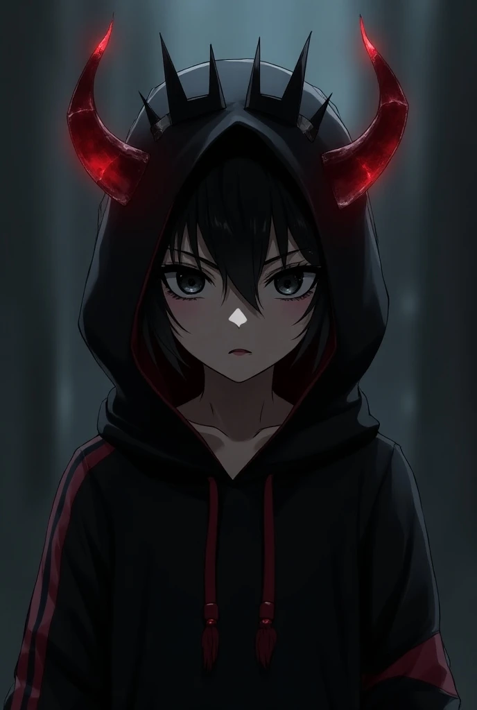 Anime,Demon,Boy,red stripes black hoodie,red and Black glowing horns,black hair,black crown,black eyes,emotionless face