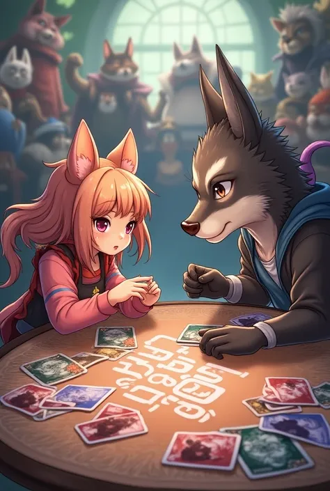 A (detailed illustration) of a girl with (rat tail and ears), intensely focused while playing Magic the gatering against a boy with a (wolf head and hands), who appears equally engaged. (Vibrant colors) enhance the characters playful expressions in a livel...