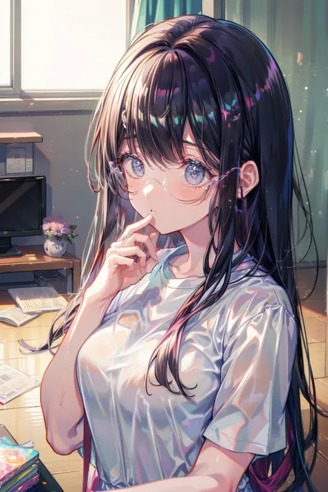 summer、bedroom、thick、sweat、sexy(((((eyes hidden by long bangs)))))、(((long black hair:1.2)))(((black-rimmed glasses:1.2　black ey...