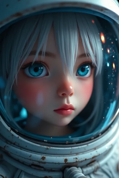 (Close-up of a better masterpiece:1.5)0.9], (Space and astronauts:1.2) (Messy silver hair:1.1) (Heterochromia xanthochromia and blue eyes:1.2) (Space Helmet:1.0) (Colored stars in the eyes:1.0) (A radiant glow:1.1) (thick lips:0.9)