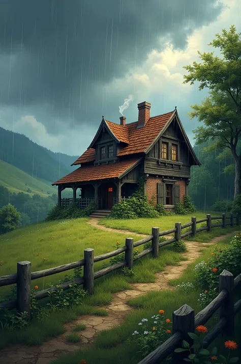 a house in the country, With a rainy weather