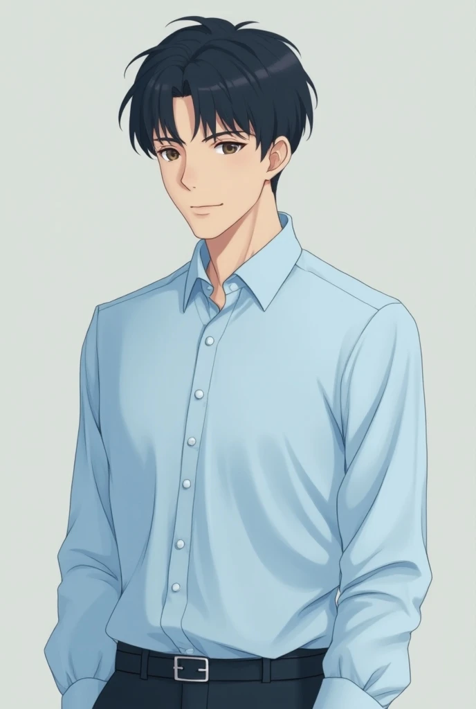 Anime 30 years old man with lite blue full sleeve collar shirt snapshot side profile with black hairs 