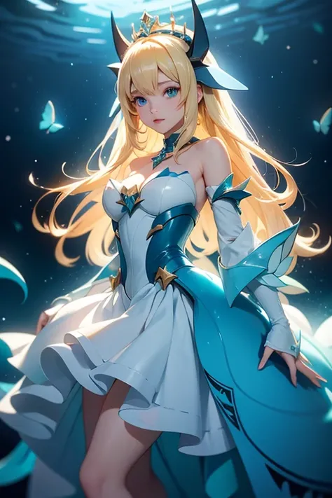 anime、Game-like
A cute monster with blue manta rays lying in the deep sea (Evertales Slizle )King Arthur in a pure white wedding dress with long, fluffy blonde hair who plays with him