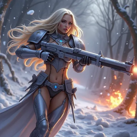 a beautiful woman with long platinum blonde hair, porcelain skin, ice blue eyes, sexy sisters of battle from the warhammer 40k, shooting at the enemy, frosty white and light blue space marine armor with intricate details, religous symbols on the armor, sis...