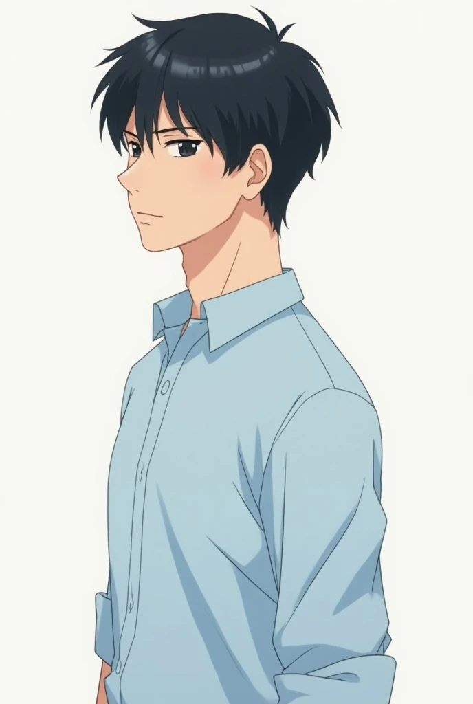 Anime 30 years old man with lite blue full sleeve folded collar shirt snapshot side profile with black hairs 