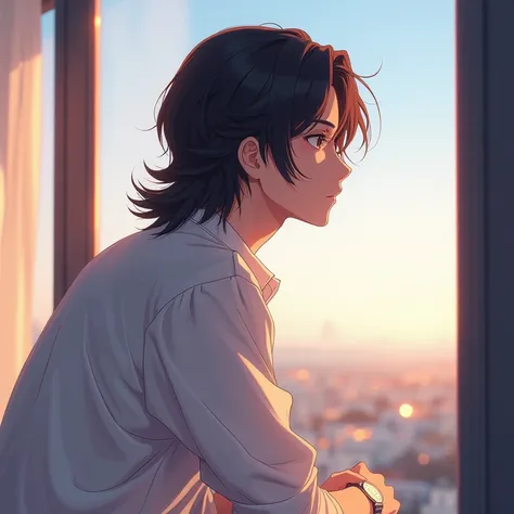 anime man with long hair and white shirt looking out of window, anime handsome man, anime portrait of a handsome man, anime postelm still portrait, smooth anime cg art, anime. soft lighting, makoto shinkai. digital render, young anime man, male anime chara...