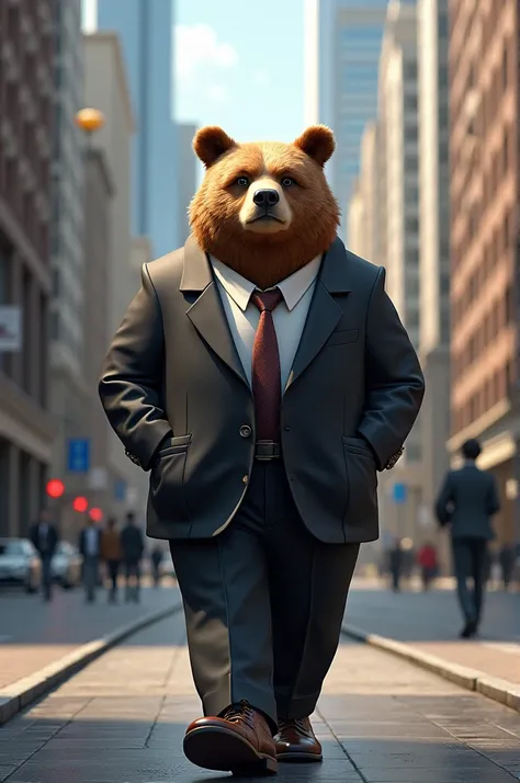 A smart bear walking in the street 