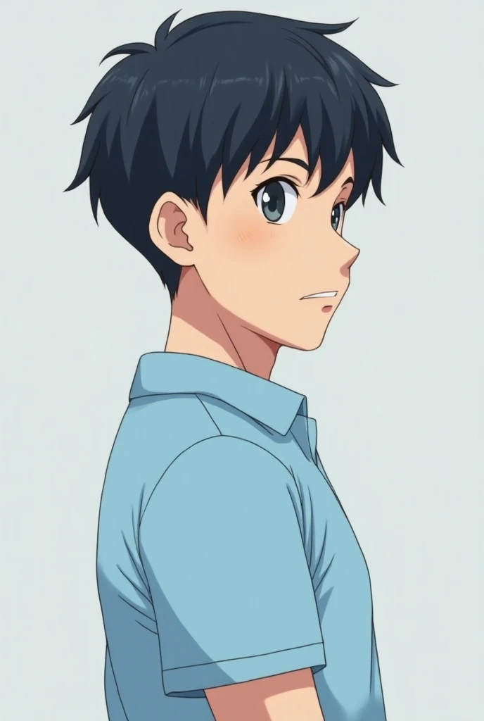 Anime 30 years old man with lite blue full sleeve folded collar polo tshirt snapshot side profile with black hairs 