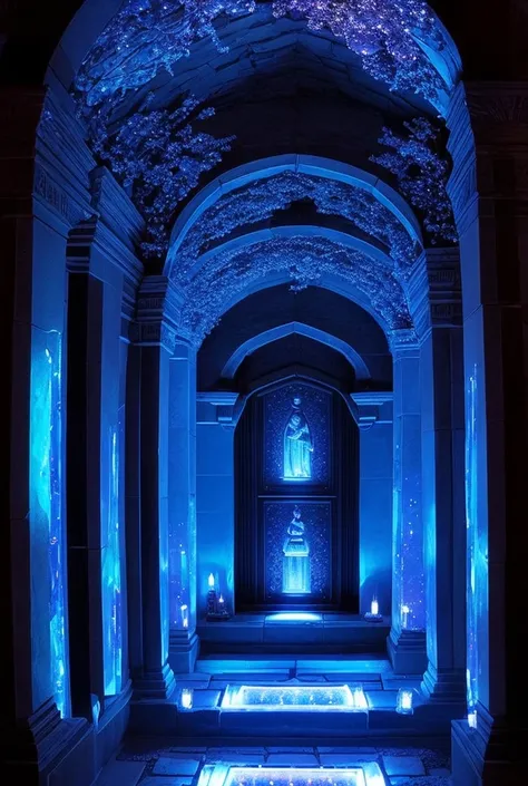  shrine of the goddess Persephone , in a dark cellar,  candles with blue light in wall niches illuminate the room,  the shrine is at the end of a corridor , high resolution, masterpiece, Anatomically correct,  shrine consists of a statue , blue crystals as...