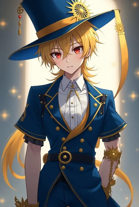 A quiet anime young man in high school with sharp red eyes, has a mixture of yellow and white hair.  , Fair skin and wearing all the fantasy blue, yellow and white clothes are the luxury of Idol, which consists of a long waist tuxedo jacket with short slee...