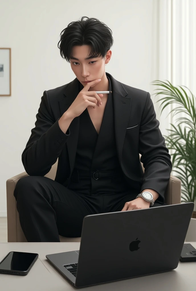  Make a trading logo and a picture of a young man ,  wearing a black robe with a handsome Asian face with a laptop and computer next to him, he is smoking a cigarette 