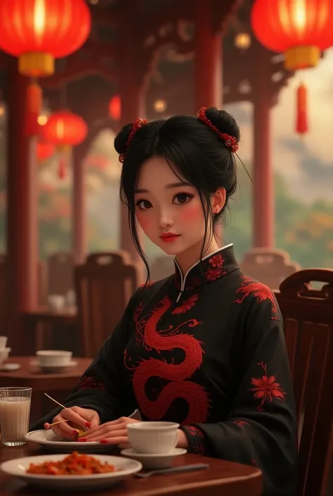 Chinese-style girl with black chongos wearing a black Chinese-style dress with a red dragon eating at a Chinese anime-type restaurant