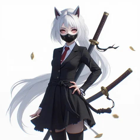 inspired by sword art online anime, 1 girl, mask,  pure white hair, maskบนศรีษะ, fox mask, black suit, skirt, on her back there ...