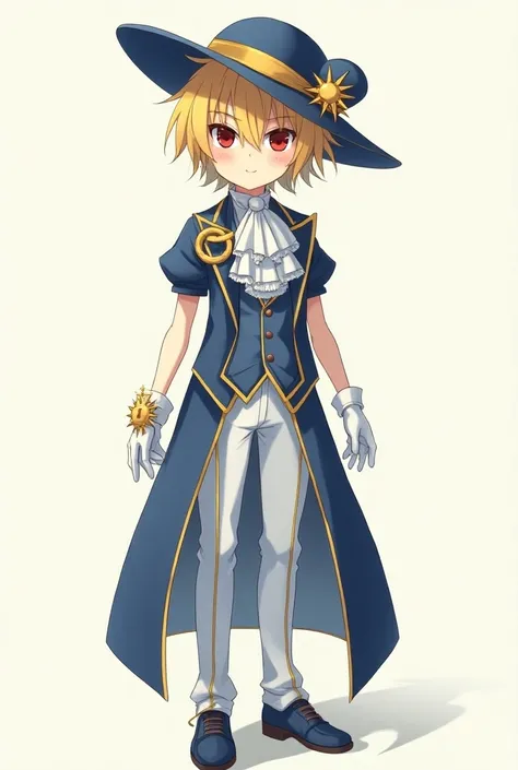 A quiet anime young man in high school with sharp red eyes, has a mixture of yellow and white hair.  , Fair skin and wearing all the fantasy blue, yellow and white clothes are the luxury of Idol, which consists of a long waist tuxedo jacket with short slee...