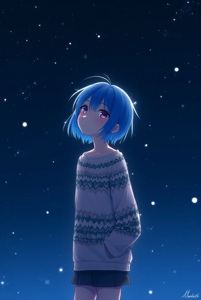 Blue-haired anime character wearing a sweater
In the middle of the stars