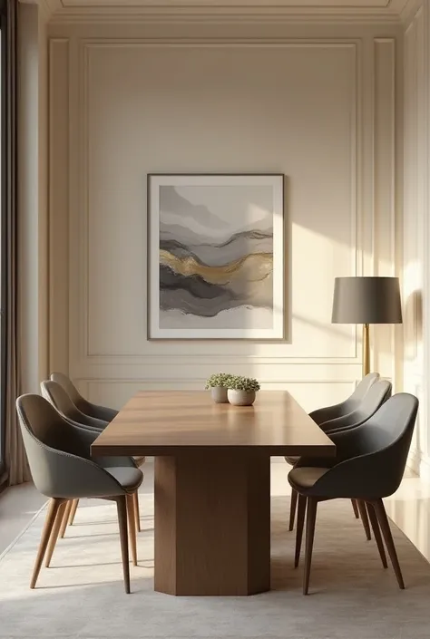 “Create an elegant and modern interior with a sophisticated atmosphere. In the center of the scene, place a sleek wooden or glass table, with a stylish chair or two on each side. On the wall behind the table, hang a striking framed artwork. The room should...