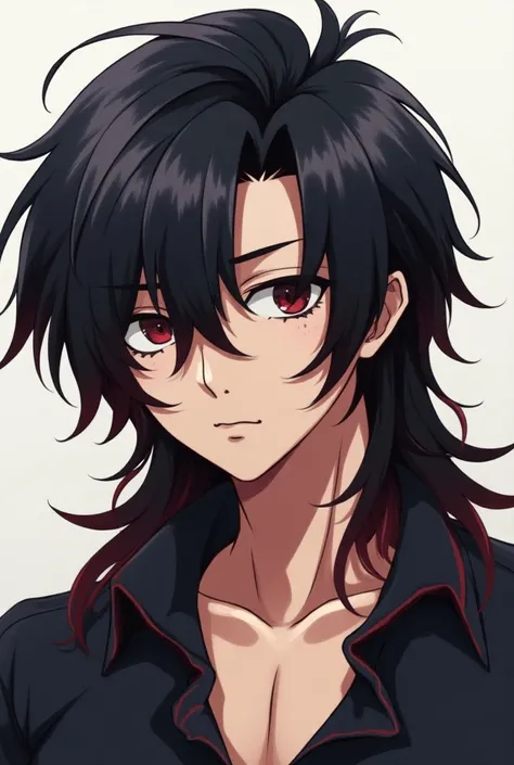 male character, Mullet  , haircut anime style in black with very light burgundy red tips , Expression would be on the face  