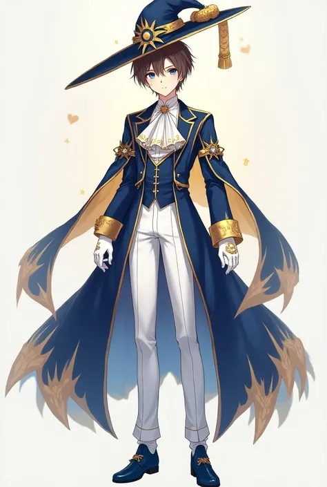 A quiet anime young man in high school with sharp blue eyes represents short brown hair , Fair skin and wearing all the fantasy blue, yellow and white clothes are the luxury of Idol, which consists of a long waist tuxedo jacket with short sleeves in the co...