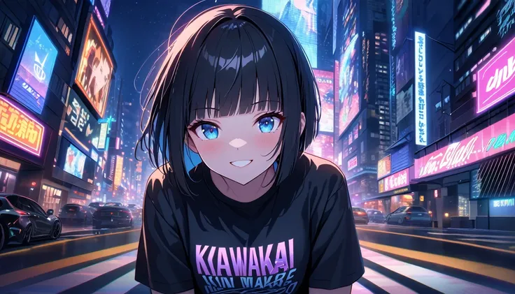 masterpiece, Detailed２０One woman in her late twenties, (( beautiful symmetrical face )) （blue eyes))　((( shortcuts、Bobcut、Shiny black hair))) ( she wears a black oversized t-shirt 、She wears jeans 。)Big smile, facing the camera, headphone,  drives a Kawasa...