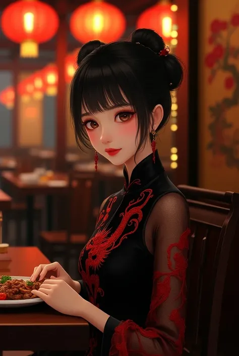 Chinese-style girl with black chongos wearing a black Chinese-style dress with a red dragon eating at a Chinese anime-type restaurant