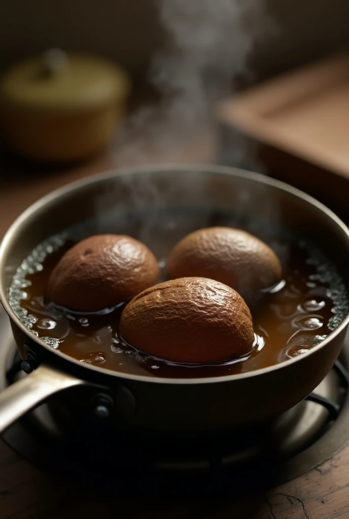 make me a picture of 3 avocado seeds being stewed in a saucepan 