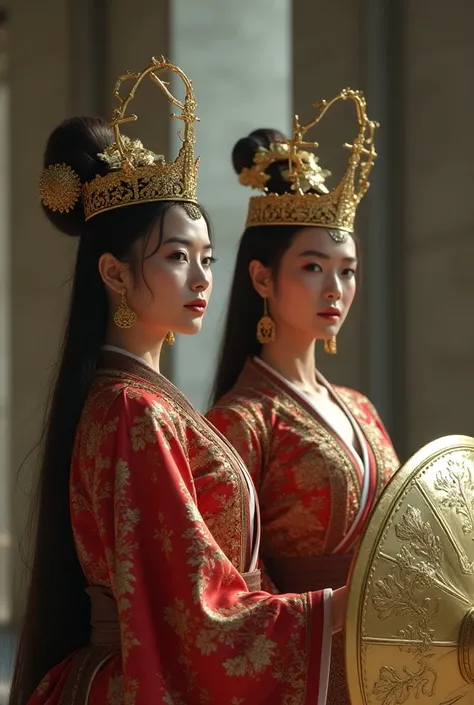 2 beautiful Indonesian women ,  dressed in shades of the princess of the queen of japan ,  wearing sparkling gold crowns ,  are posing captivating a focused view of the foreground  ,  carrying swords and shields  , written "pec" in tune,  against the backg...