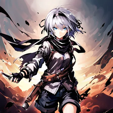 1 girl, alone, gray hair, short hair, knife, alternate costumes, hairbands, blue eyes, black hairbands, scarf,  fingerless glove...