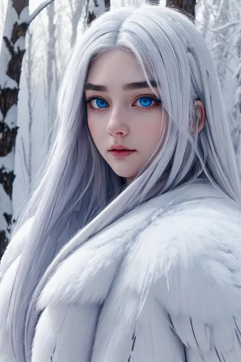  better quality, cinematic image, fantasy, detailed image,  detailed face,  detailed beautiful blue eyes, very long fluffy white hair , long fluffy eyelashes, thick eyebrows, Snowy Owl,  beautiful girl , winter forest 