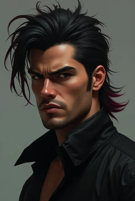 male character , mullet haircut ,In the color black with burgundy red tips  , expression 