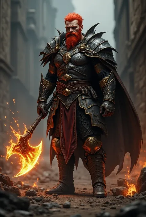 A man in clothes made of black dragon skin, red hair and an axe that spews fire.