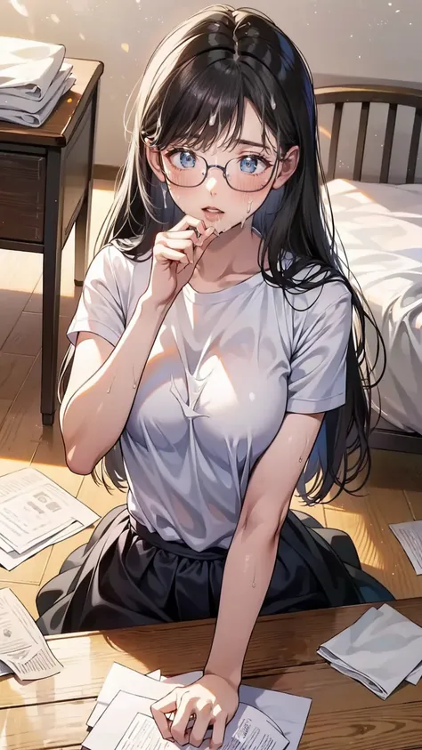 summer、bedroom、thick、sweat、sexy(((((eyes hidden by long bangs)))))、(((long black hair:1.2)))(((black-rimmed glasses:1.2　black ey...