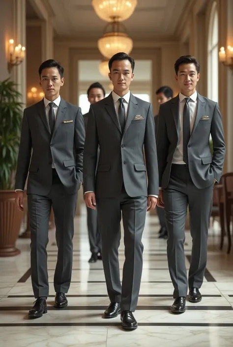 Wear hotel staff uniforms　The color of the uniform is gray